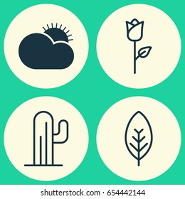 World Icons Set. Collection Of Cactus, Love Flower, Sunny Weather And Other Elements. Also Includes Symbols Such As Plant, Foliage, Sun.