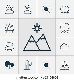 World Icons Set. Collection Of Cloud, Forest, Cactus And Other Elements. Also Includes Symbols Such As Plant, Sun, Jewel.