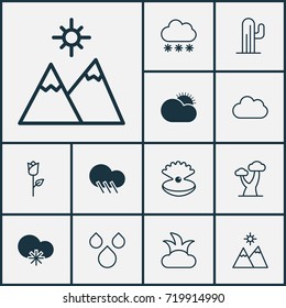 World Icons Set. Collection Of Cloud, Raindrop, Oak And Other Elements. Also Includes Symbols Such As Snow, Flower, Sunny.