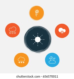 World Icons Set. Collection Of Cold Climate, Sun, Snowstorm And Other Elements. Also Includes Symbols Such As Sunshine, Cloud, Snow.