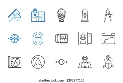 world icons set. Collection of world with egypt, map, solar system, navigator, passport, compass, global warming, flags. Editable and scalable world icons.
