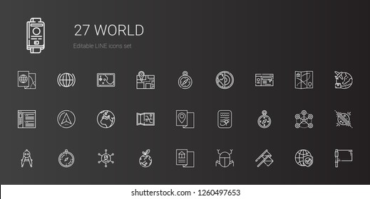 world icons set. Collection of world with flags, egypt, map, planet earth, networking, compass, earth, navigator, browser, website, flag, internet. Editable and scalable world icons.