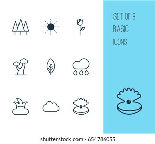 World Icons Set. Collection Of Forest, Love Flower, Sun And Other Elements. Also Includes Symbols Such As Leaf, Seashell, Foliage.