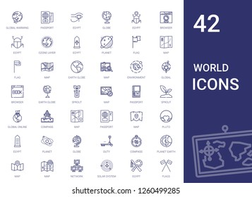 world icons set. Collection of world with global warming, passport, egypt, globe, browser, ozone layer, planet, flag, map, earth globe, environment. Editable and scalable world icons.