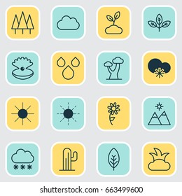 World Icons Set. Collection Of Landscape, Sun, Sunflower Elements. Also Includes Symbols Such As Snowy, Weather, Sunshine.