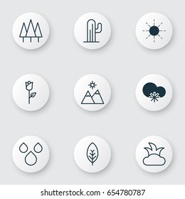 World Icons Set. Collection Of Love Flower, Bush, Forest And Other Elements. Also Includes Symbols Such As Sunshine, Mountains, Valentine.