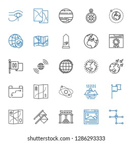 world icons set. Collection of world with map, browser, temple of apollo, flags, flag, global warming, planet, ozone layer, worldwide, earth grid. Editable and scalable world icons.
