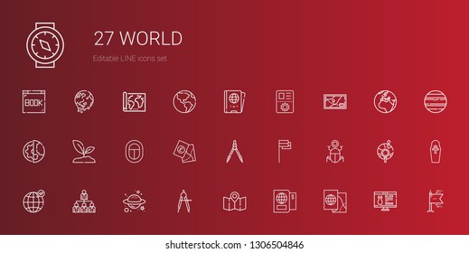 world icons set. Collection of world with map, passport, compass, planet, networking, earth grid, egypt, flag, sprout, planet earth, flags. Editable and scalable world icons.