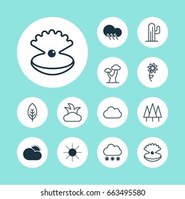 World Icons Set. Collection Of Oak, Snowstorm, Tree Leaf And Other Elements. Also Includes Symbols Such As Tree, Sunlight, Sun.
