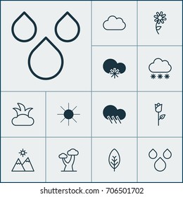 World Icons Set. Collection Of Oak, Tree Leaf, Love Flower And Other Elements. Also Includes Symbols Such As Sunlight, Cloudburst, Sunflower.