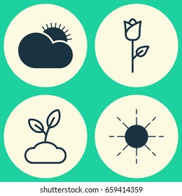 World Icons Set. Collection Of Plant, Love Flower, Sun And Other Elements. Also Includes Symbols Such As Weather, Rose, Sprout.