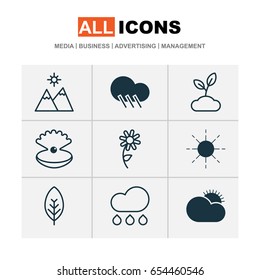 World Icons Set. Collection Of Rain, Sun, Plant And Other Elements. Also Includes Symbols Such As Sunny, Seashell, Sunshine.