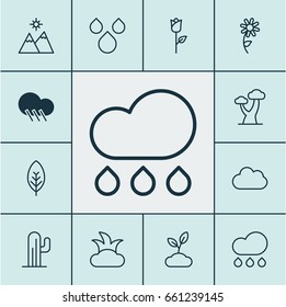 World Icons Set. Collection Of Rain, Raindrop, Landscape Elements. Also Includes Symbols Such As Cloudburst, Water, Flower.