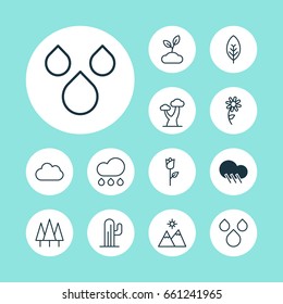 World Icons Set. Collection Of Rain, Sunflower, Landscape Elements. Also Includes Symbols Such As Daisy, Foliage, Valentine.