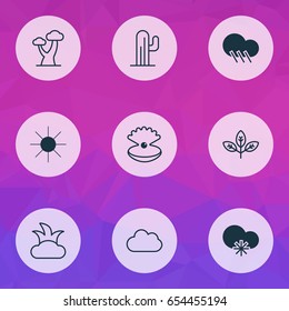 World Icons Set. Collection Of Raindrop, Cloud, Seashell And Other Elements. Also Includes Symbols Such As Shrub, Branch, Oak.