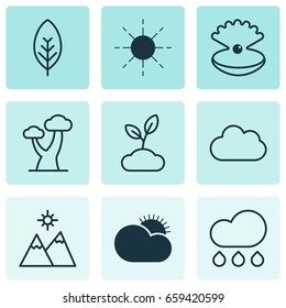 World Icons Set. Collection Of Seashell, Rain, Tree Leaf And Other Elements. Also Includes Symbols Such As Mountains, Seashell, Leaf.