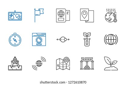 world icons set. Collection of world with sprout, temple of apollo, map, earth grid, compass, global, solar system, browser, global warming. Editable and scalable world icons.