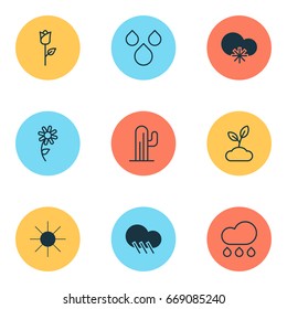 World Icons Set. Collection Of Sunshine, Raindrop, Cold Climate And Other Elements. Also Includes Symbols Such As Daisy, Gardening, Sprout.