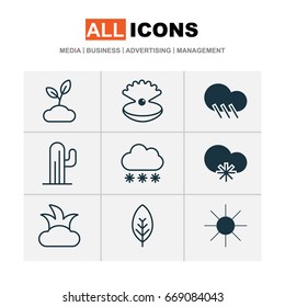 World Icons Set. Collection Of Tree Leaf, Sunshine, Raindrop And Other Elements. Also Includes Symbols Such As Desert, Shrub, Tree.