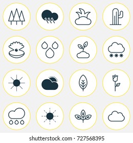 World Icons Set. Collection Of Tree Leaf, Water Drops, Sunshine And Other Elements. Also Includes Symbols Such As Sprout, Tree, Weather.