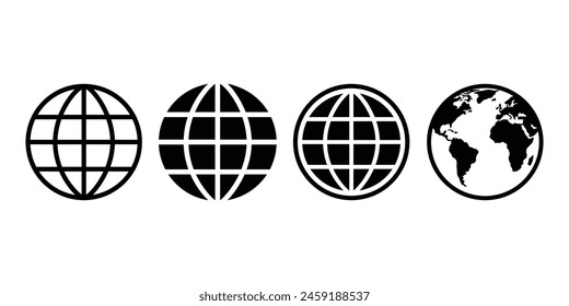 World icons set. Earth icon collection. Globes with world maps symbol. Globe shape line. World planet icon