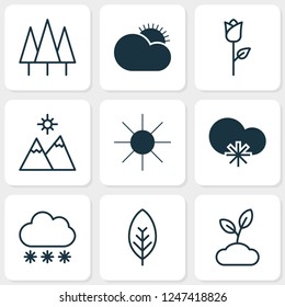 World icons set with sprout, foliage, sun and other cold climate elements. Isolated vector illustration world icons.