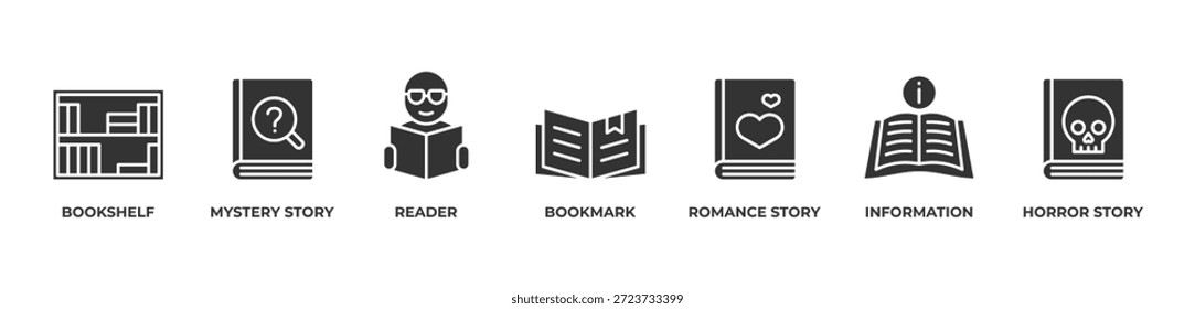 A Reader’s World Icons establece un glifo de Ilustración vectorial con estantería, historia de misterio, lector, marcador, historia romántica, información, historia de terror
