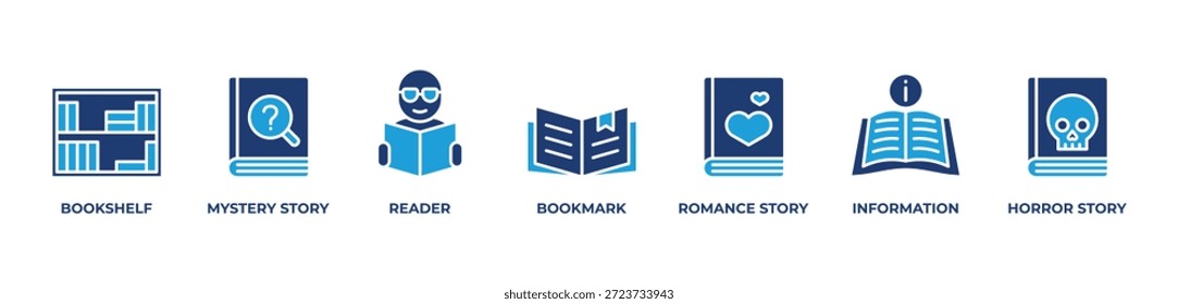 A Reader's World Icons establece la Ilustración vectorial azul con estantería, historia de misterio, lector, marcador, historia romántica, información, historia de terror