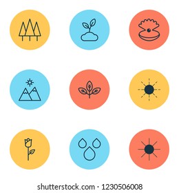 World icons set with wood, sun, mountains and other love flower elements. Isolated vector illustration world icons.