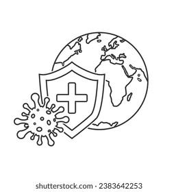 World immune from flu germ line icon, global virus protection, globe with hygiene shield, bacterial prevention, editable stroke vector illustration