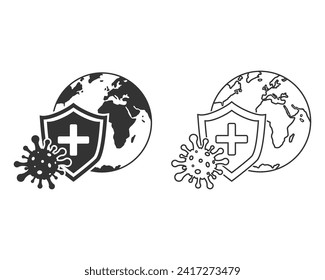 World immune from flu germ line icon set, global virus protection, globe with hygiene shield, bacterial prevention, editable stroke vector illustration