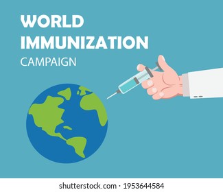World immunization campaign concept design.Hand holding syringe making covid 19 vaccination to the world.