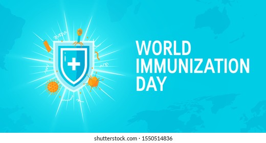 World Immunization Day Concept. Medical Shield Surrounded By Viruses And Bacterium. Horizontal Vector Illustration On Turquoise Background.