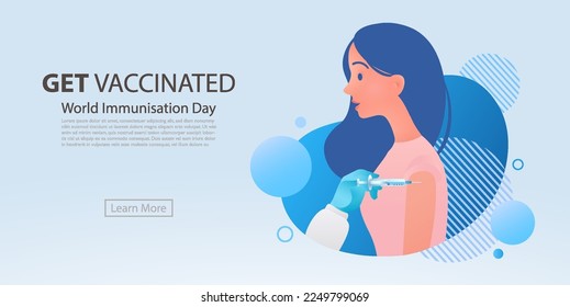 World Immunization Day concept. Woman getting vaccinated illustration on blue background. Preventive healthcare banner.