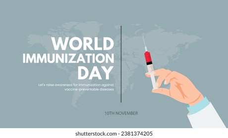 World Immunization Day. Syringe in Doctor's hand on world map background. Vector illustration of Banner, Poster.