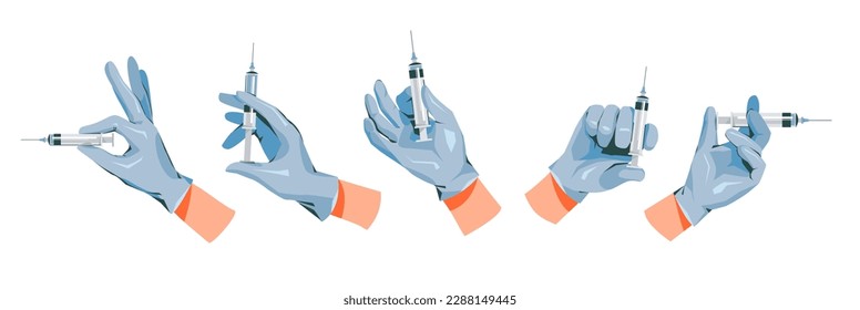 World Immunization. Hand with syringe set. Syringe with vaccine. Cartoon vector flat illustration.