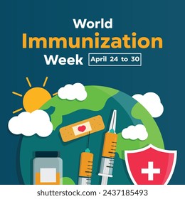 World Immunization Week. Earth, syringe, vaccine, shield, cloud, sun and bandage. Great for cards, banners, posters, social media and more. 