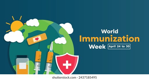 World Immunization Week. Earth, syringe, vaccine, shield, cloud, sun and bandage. Great for cards, banners, posters, social media and more. Blue background.