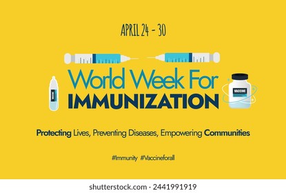 World Immunization week. World immunisation week 2024 awareness cover banner banner with cute icons of syringe, vaccine bottle in yellow theme background colour. Vaccine for all to awareness post.