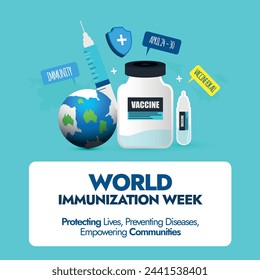 World Immunization week. World Immunisation week, month banner with cute icons of syringe, vaccine bottle, earth globe and speech bubbles of vaccine for all, immunity, April 20 to 30. Vaccination idea