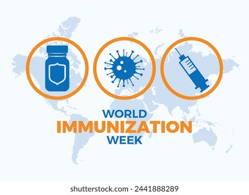 World Immunization Week poster vector illustration. Vaccine vial, injection syringe and virus round icon set vector. Template for background, banner, card. Each April. Important day