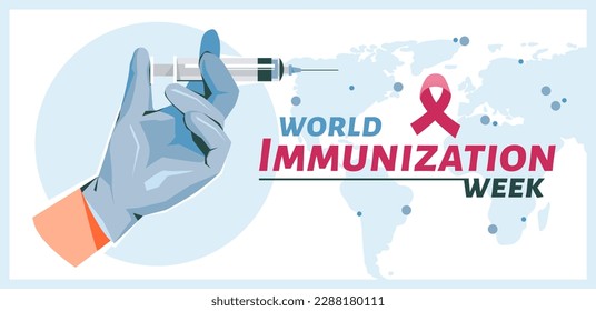 World Immunization Week web banner. Hand with syringe. Syringe with vaccine. Cartoon vector flat illustration.
