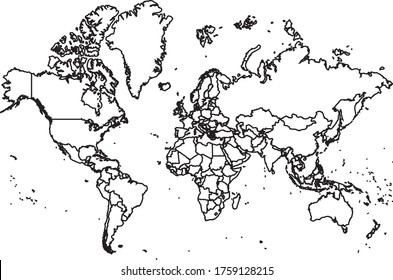 Mapa de la India mundial en color blanco y borde negro sobre fondo blanco. Ilustración vectorial.