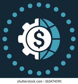 World Industry Finances vector icon. Style is bicolor flat circled symbol, blue and white colors, rounded angles, dark blue background.