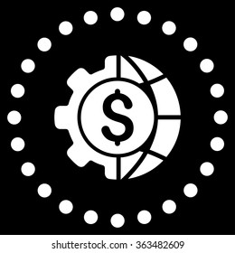 World Industry Finances vector icon. Style is flat circled symbol, white color, rounded angles, black background.
