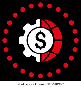 World Industry Finances vector icon. Style is bicolor flat circled symbol, red and white colors, rounded angles, black background.