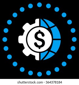 World Industry Finances vector icon. Style is bicolor flat circled symbol, blue and white colors, rounded angles, black background.