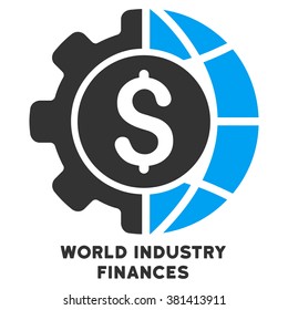 World Industry Finances vector icon with caption. Symbol style is a bicolor flat symbol with rounded angles, blue and gray colors, white background.