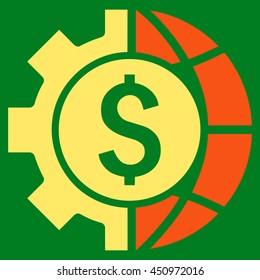 World Industry Finances vector icon. Style is bicolor flat symbol, orange and yellow colors, green background.