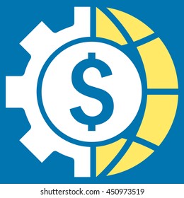 World Industry Finances vector icon. Style is bicolor flat symbol, yellow and white colors, blue background.